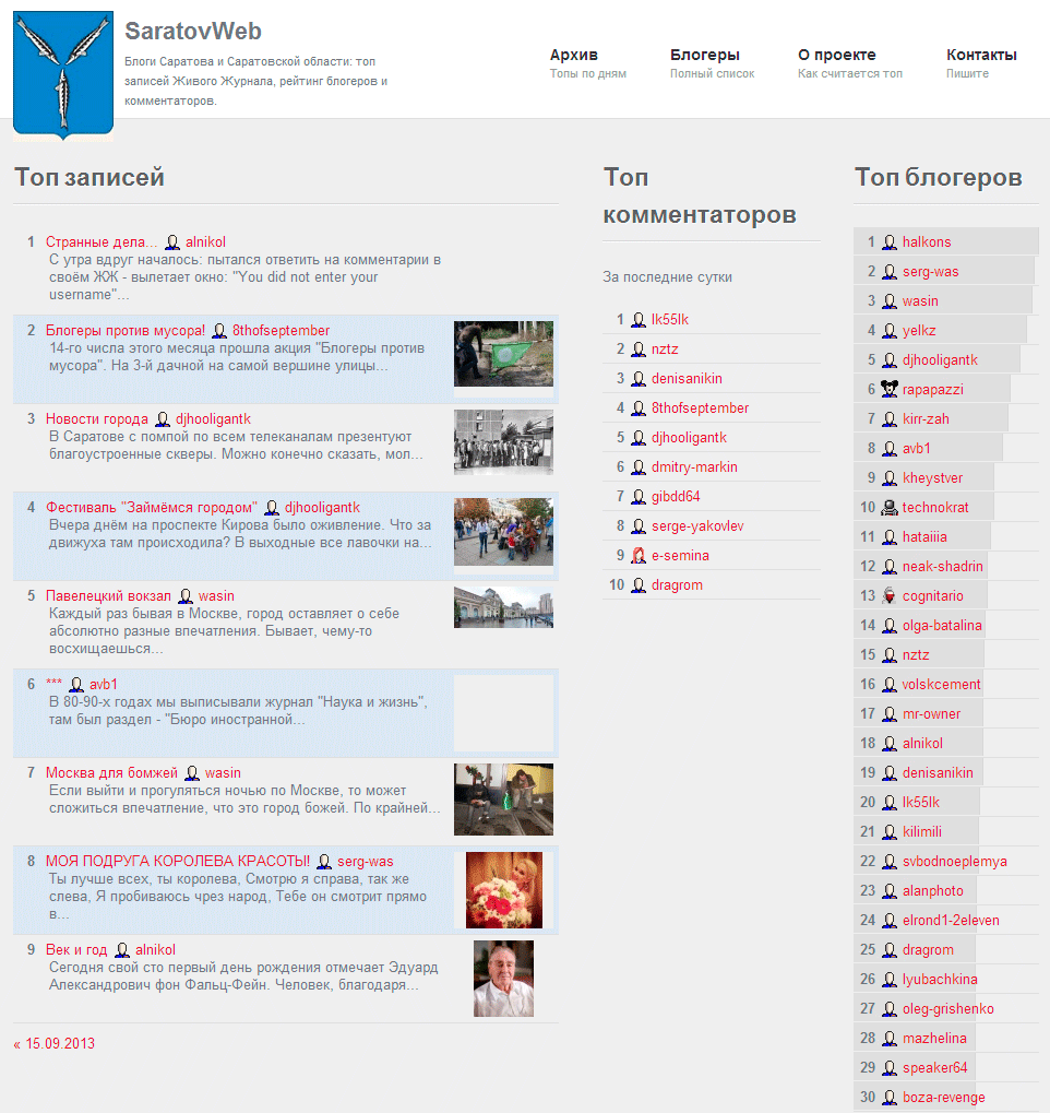saratovweb.ru - рейтинг записей и блогеров Livejournal по Саратову